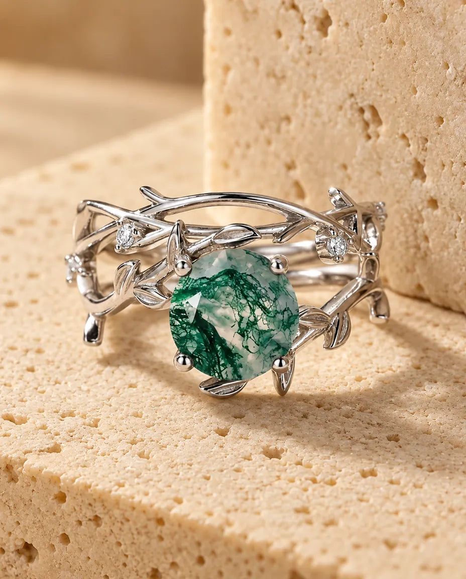 Moss Agate Ringsæt - hele sættet
