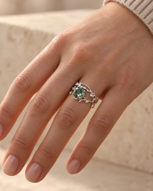 Moss Agate Ringsæt - båret på hånden