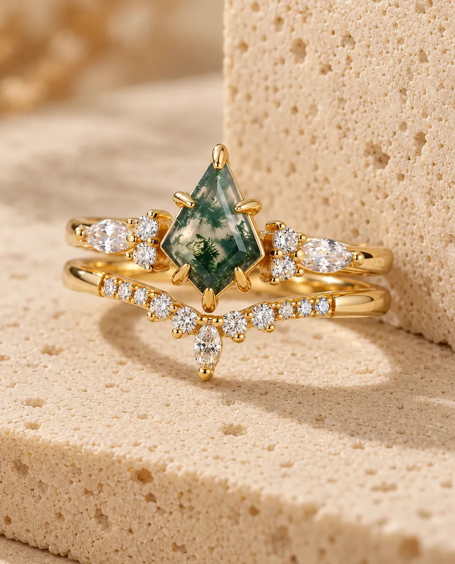 Moss Agate Ringsæt - hele sættet