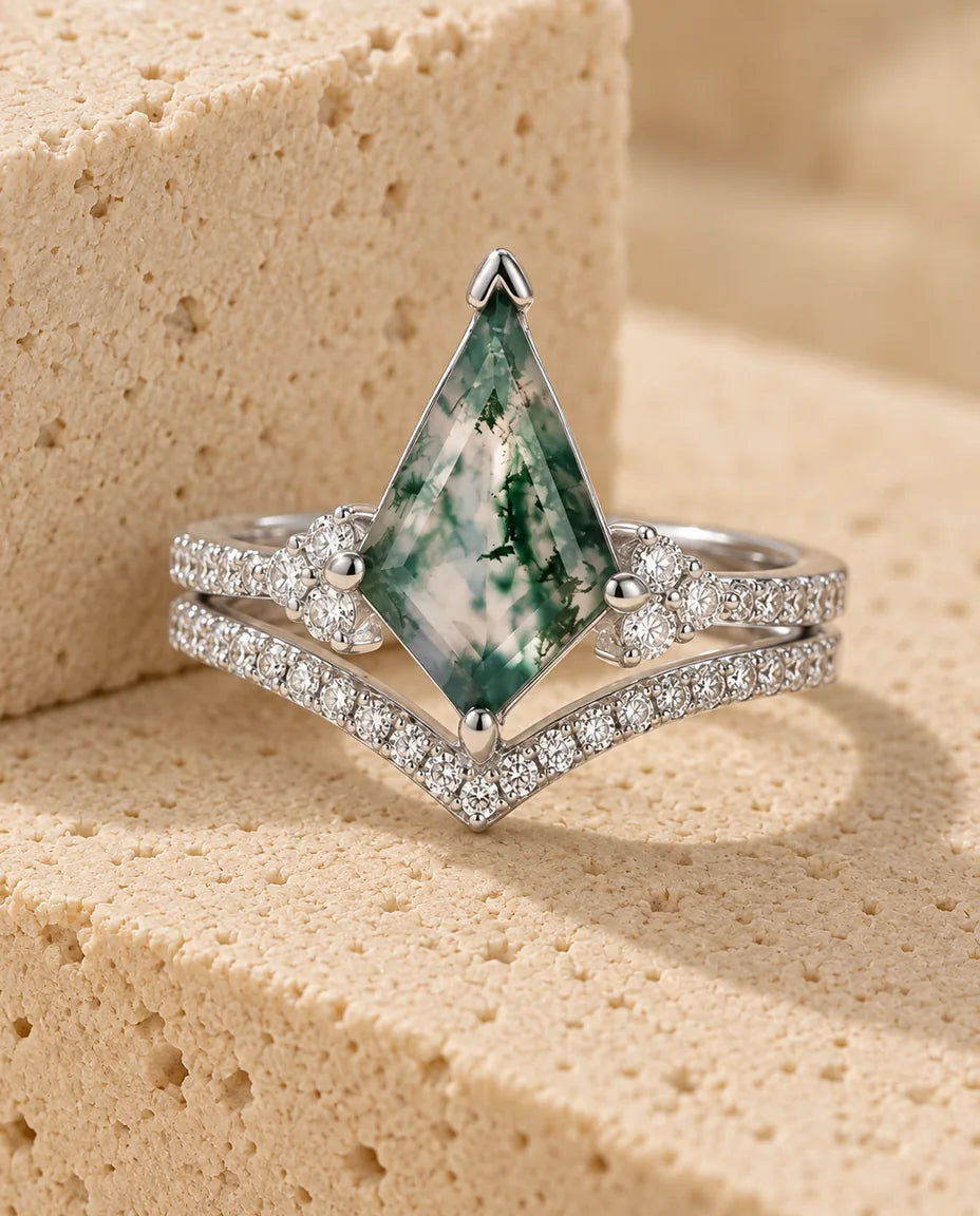 Moss Agate Ringsæt - hele sættet