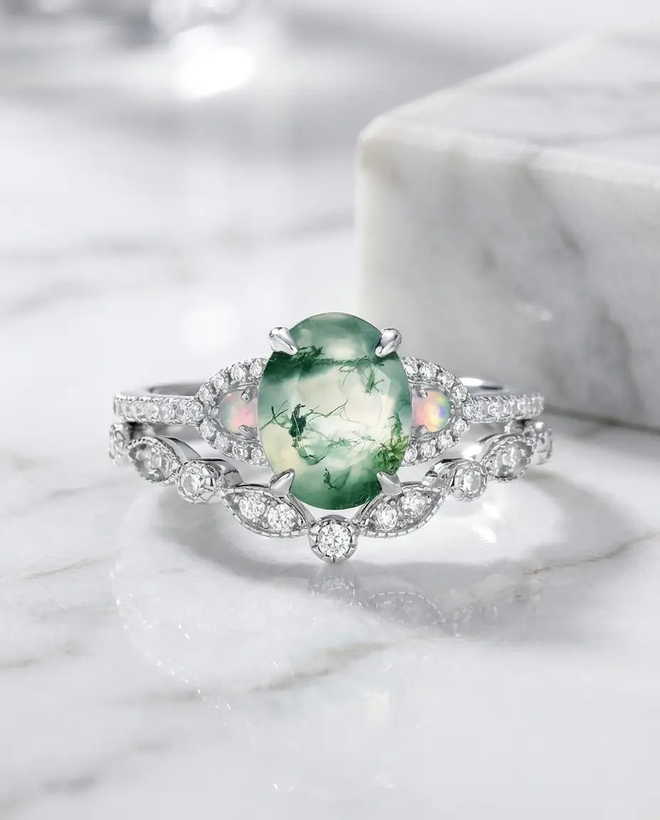Ringsæt i 925 sterling sølv med oval moss agate på 7x9 mm, små opaler ved siderne og pavéfattede sten på skinnen.