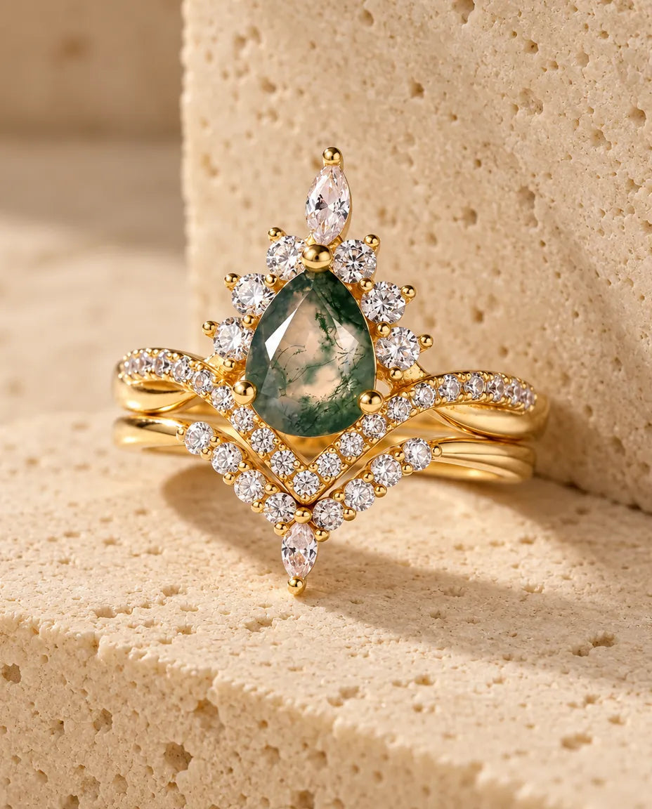 Moss Agate Ringsæt - hele sættet