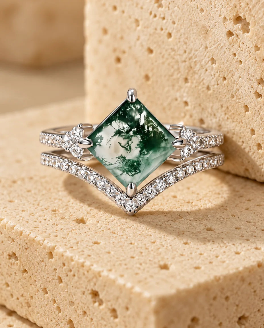 Moss Agate Ringsæt - hele sættet