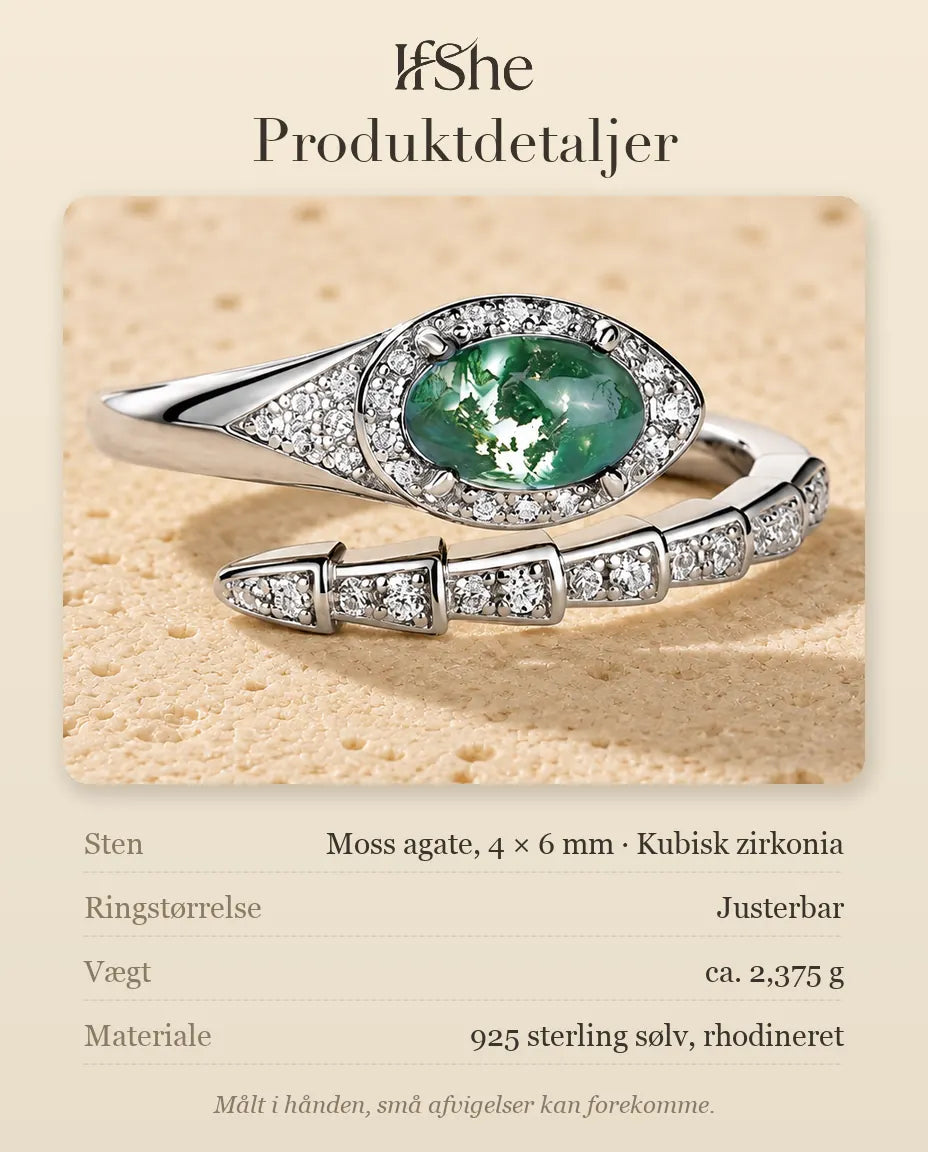 Moss Agate Ring - produktdetaljer med stenstørrelse, vægt og materiale