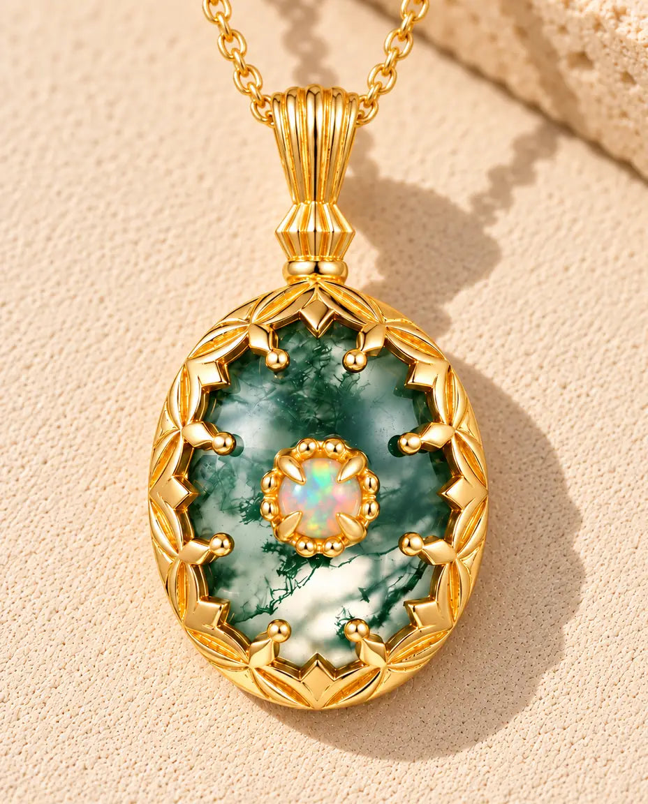 Guldbelagt halskæde med en oval grøn moss agate i en udsmykket kroneramme og en opal i midten på beige puds foran travertin.